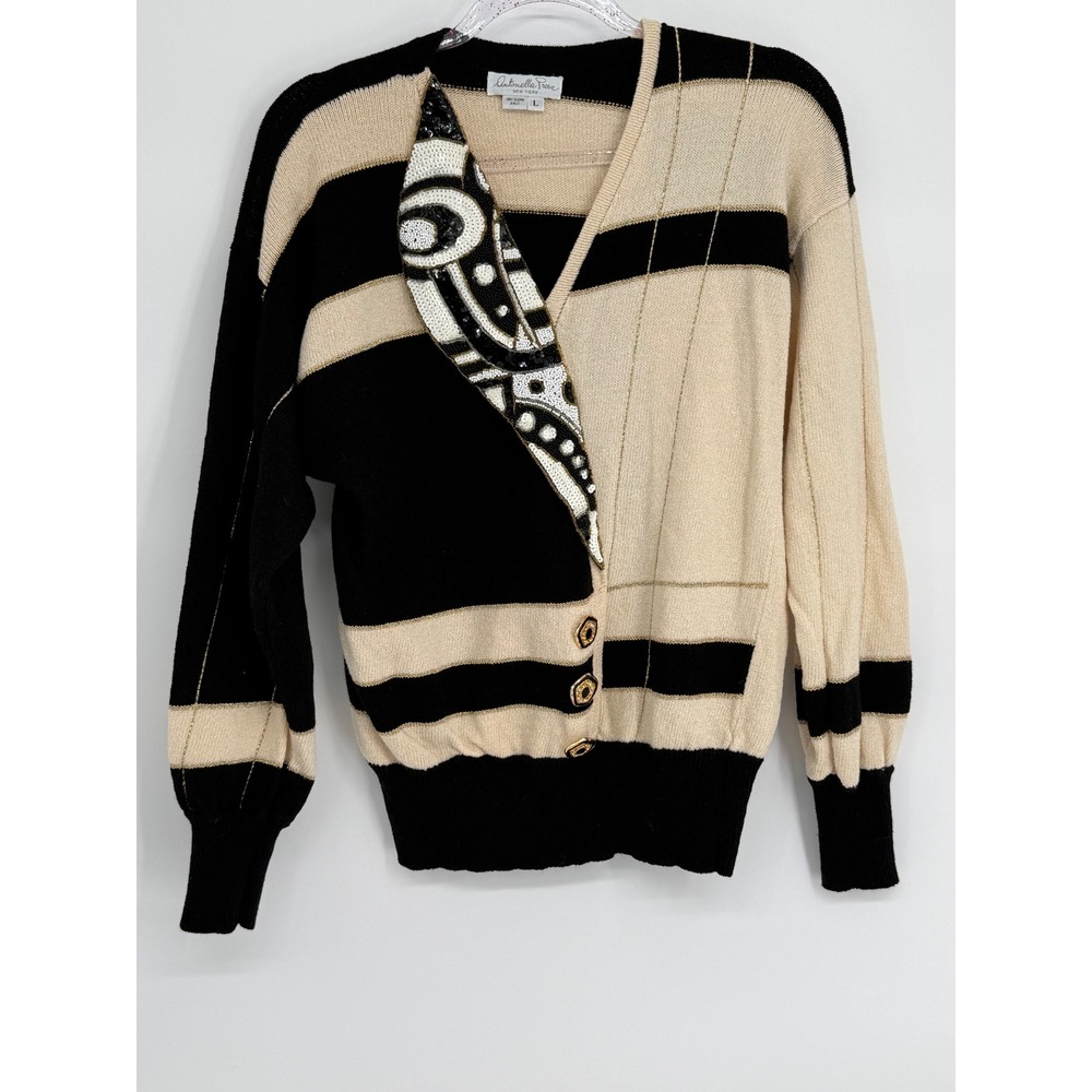 Antonella Preve Vintage Colorblock Sequin Cardigan Sweater Black Cream Gold Sz L